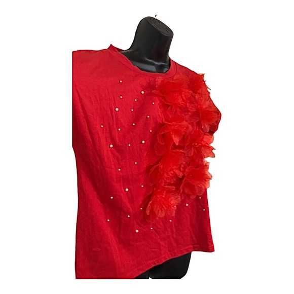 Red pearl adorned 3d floral embellished short sleeve shirt top  size XL new - Picture 11 of 12